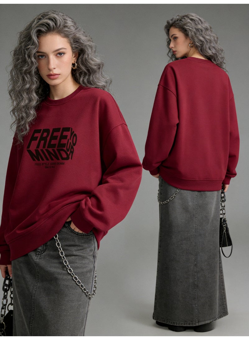BM INS Burgundy "FREE YOUR MIND" Deconstructed Letter Oversized Crew Neck Sweatshirt | Unisex Streetwear Pullover With Slogan Print - Image 4
